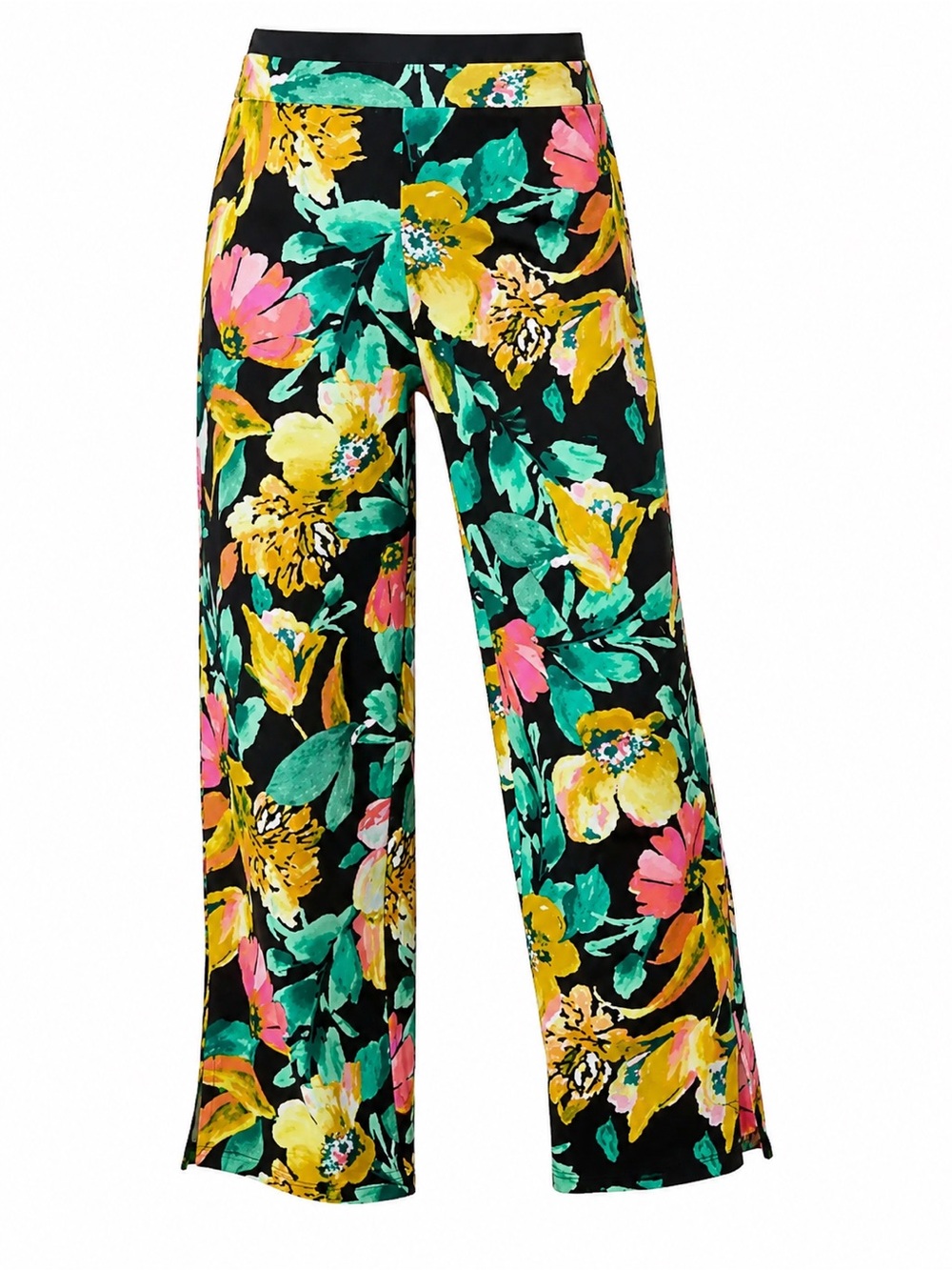 Denim&Co Black Wide-Leg Floral Pants with Yellow, Pink & Green
